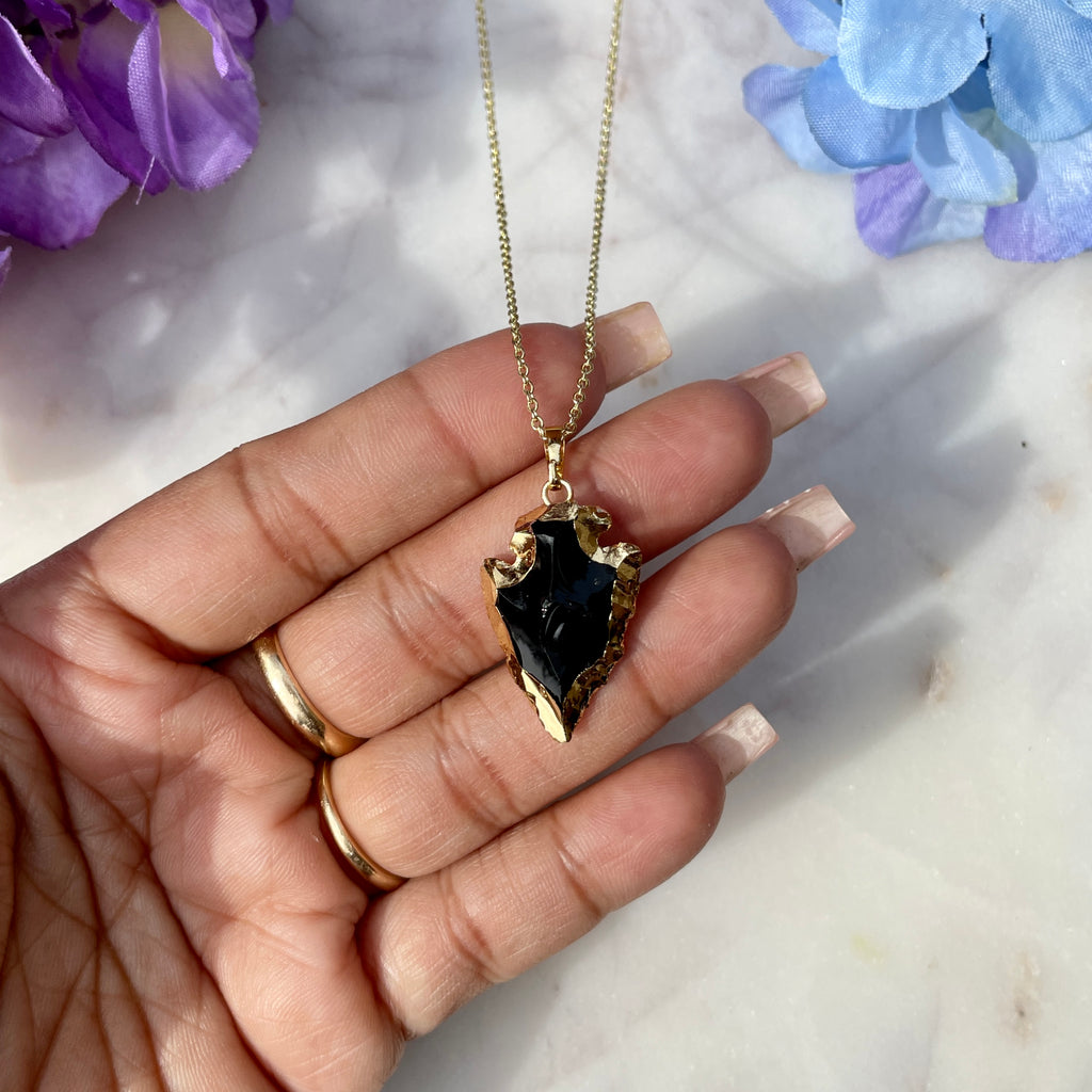 Black Obsidian Arrowhead Necklace - Gold
